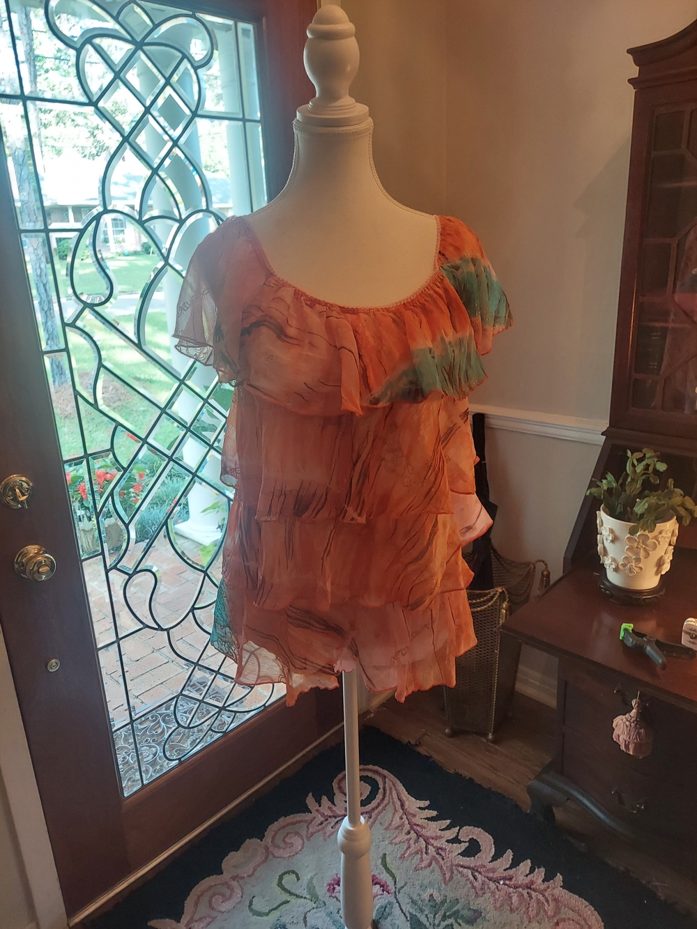 Caren Sport Orange and Teal Ruffled Layered Blouse